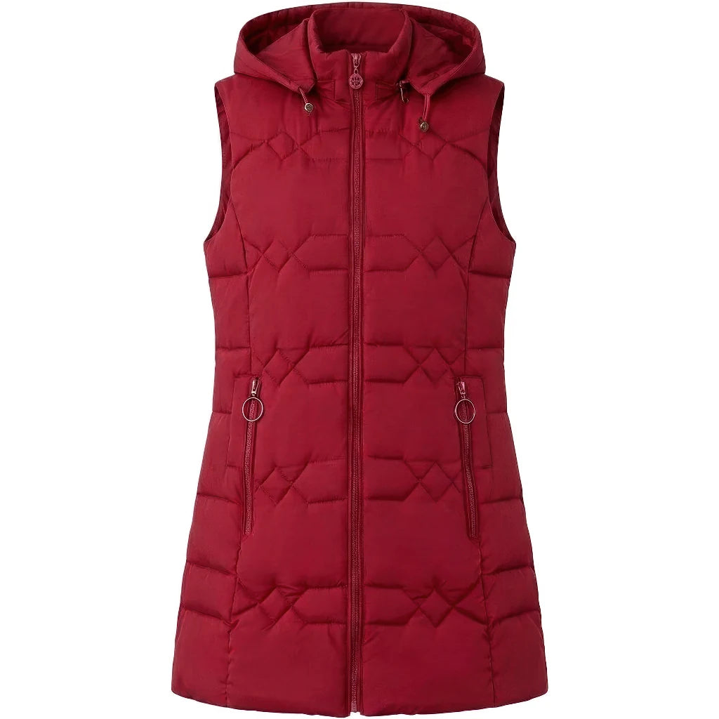 Doudoune sans manche capuche amovible rouge, zip central et deux poches zippées, vue de face