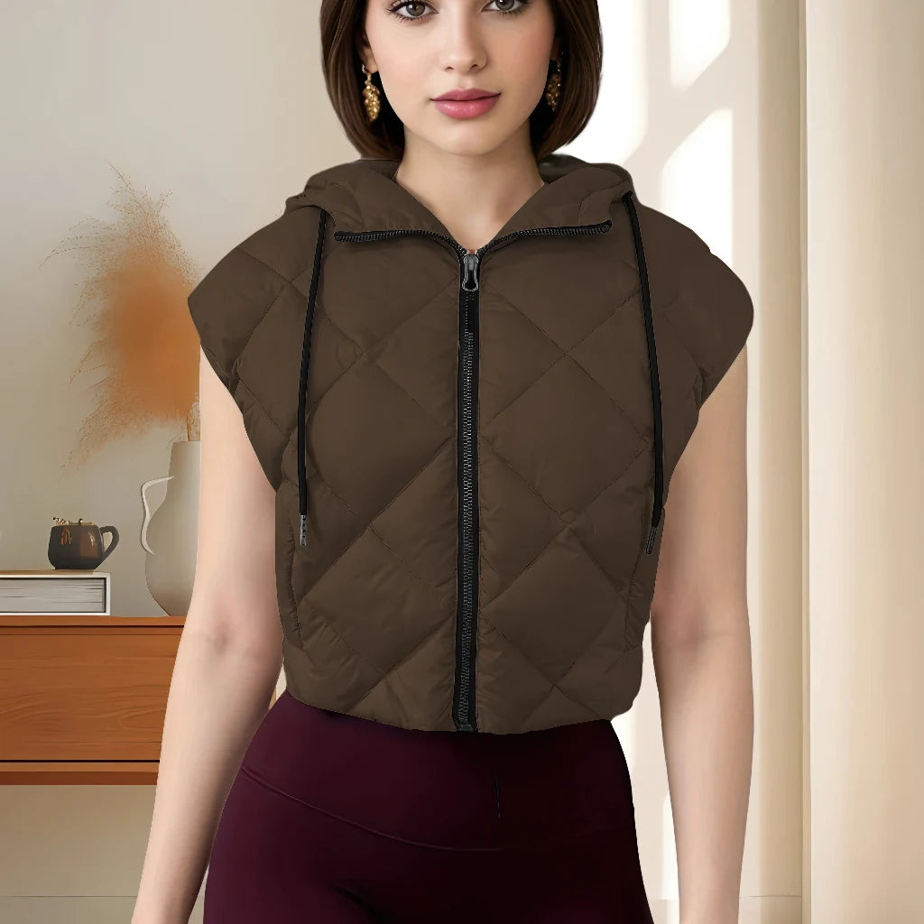Doudoune sans Manche Capuche Femme, coloris brun