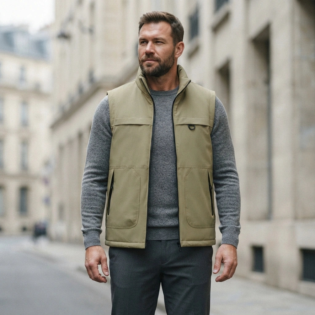 Doudoune sans manche chasse homme beige portee, col montant et poches a tirette