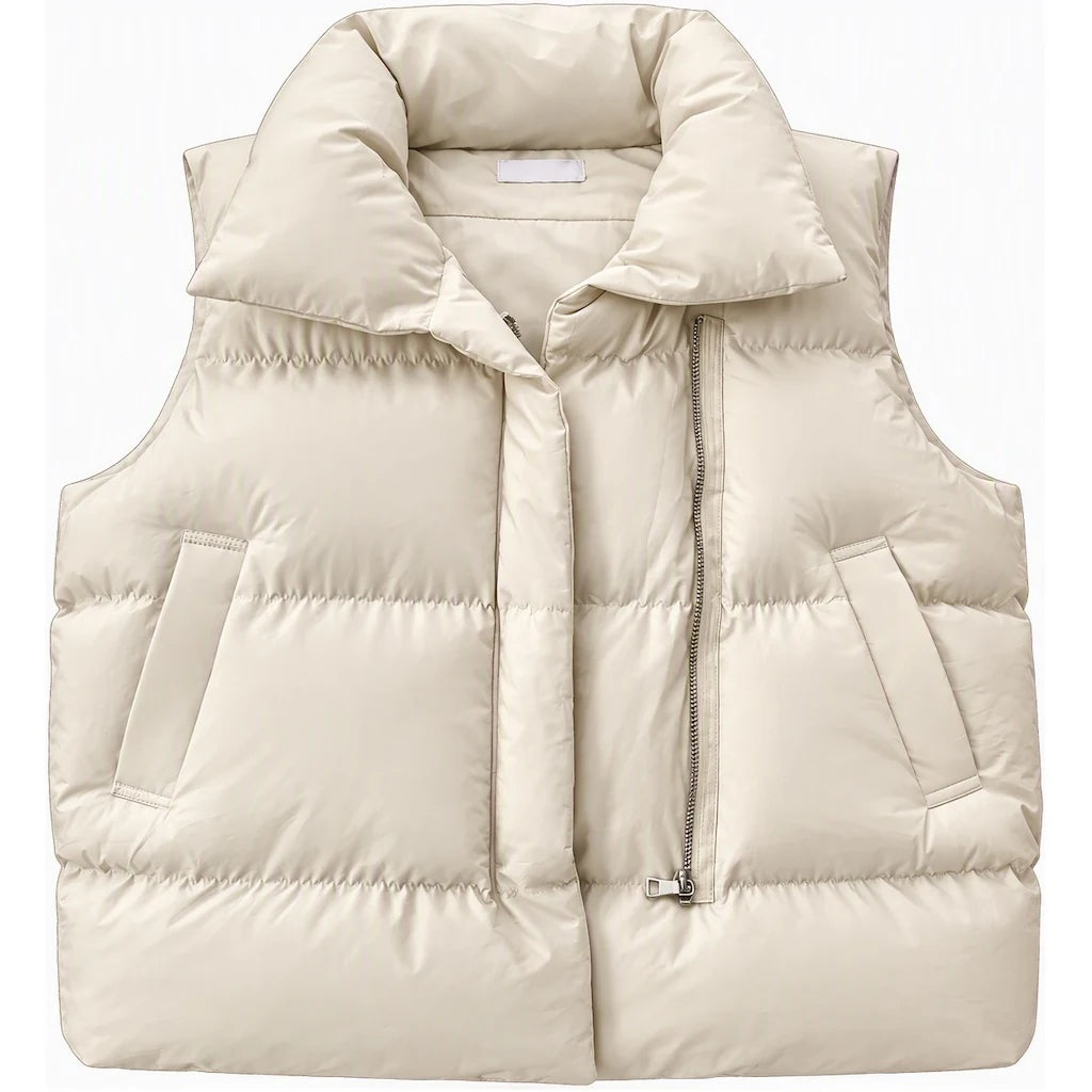 Doudoune sans manche col montant creme, vue de face