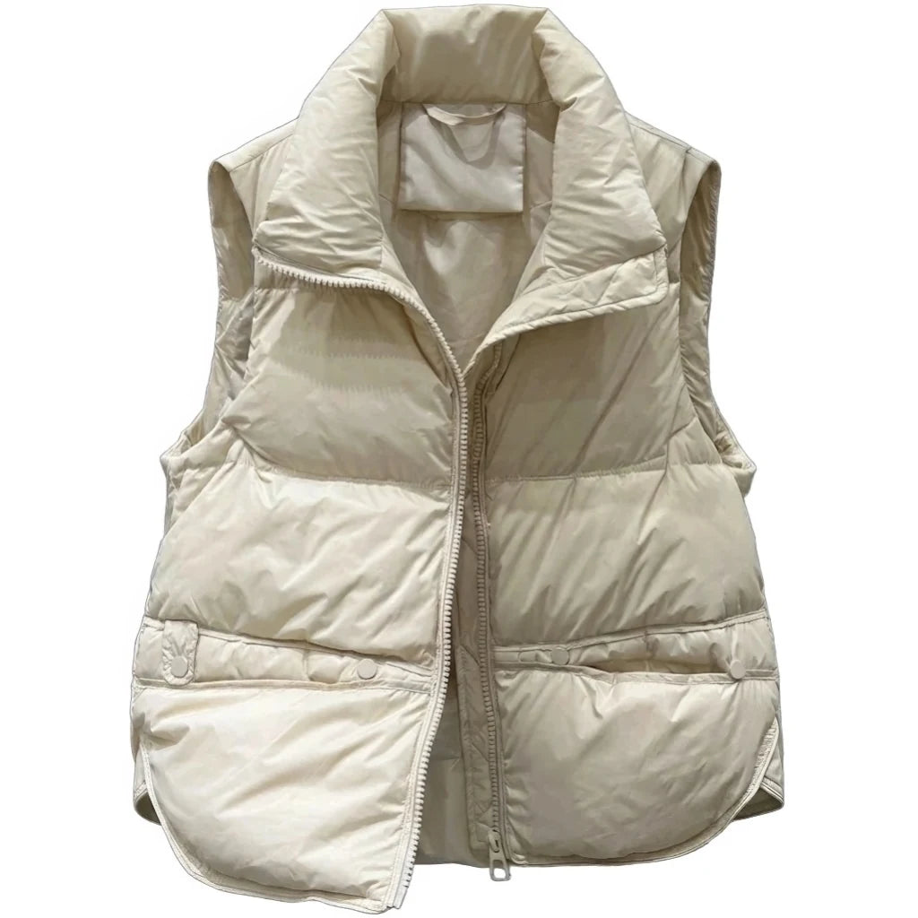 Doudoune sans manche coton beige à col montant, zip intégral et deux poches à pression