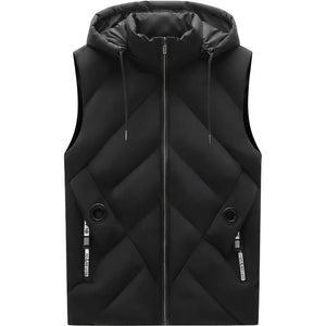 Doudoune sans Manche Crème Homme, coloris noir, vue de face avec capuche sur fond blanc