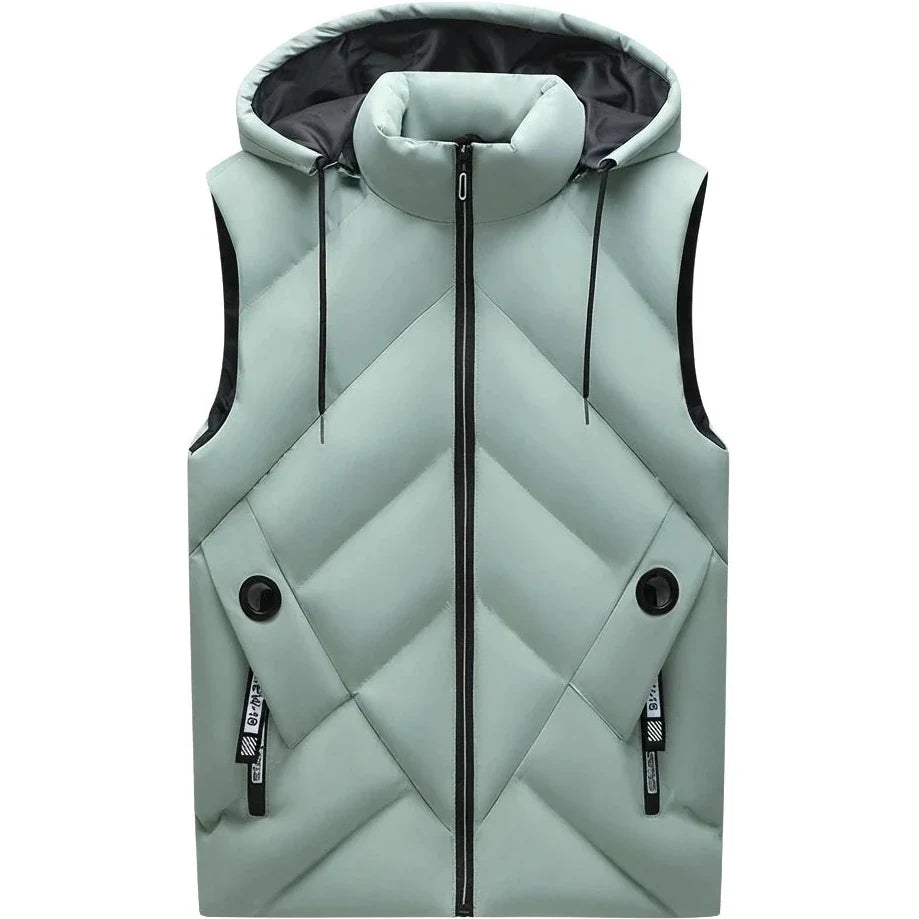 Doudoune sans Manche Crème Homme, coloris vert clair, vue de face avec capuche sur fond blanc