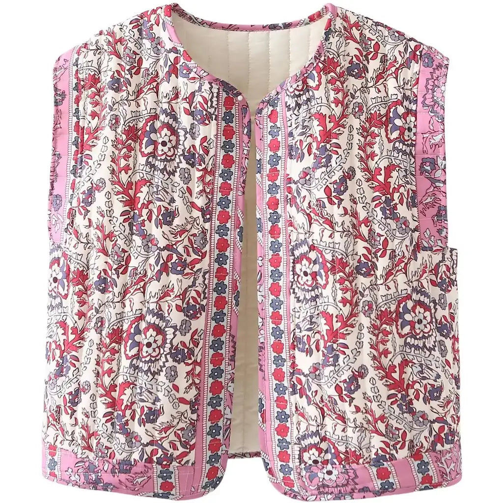 Doudoune sans manche femme classe à imprimé cachemire rose et rouge, doublure crème, col rond