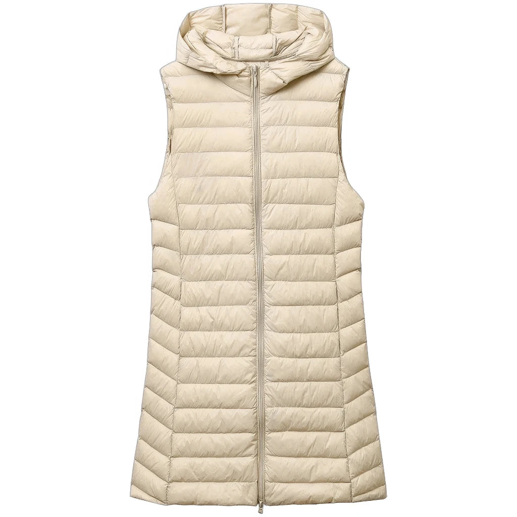 Doudoune sans Manche Femme Duvet et Plume, portée longue et fermée, écrue