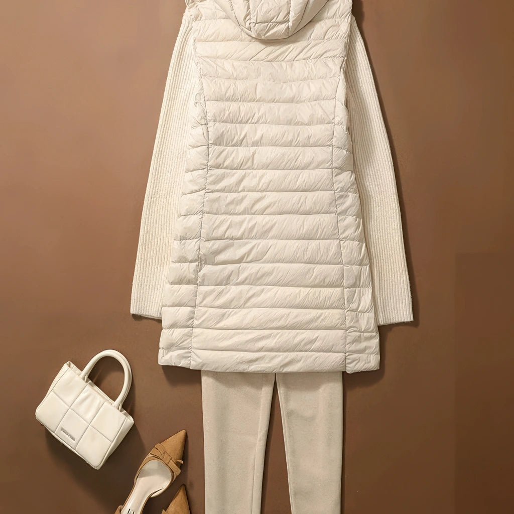 Doudoune sans Manche Femme Duvet et Plume, posée à plat avec un sac, écrue