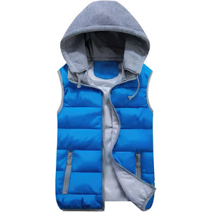 Doudoune sans manche femme ski bleu ciel, capuche en molleton gris, zip ouvert sur la doublure