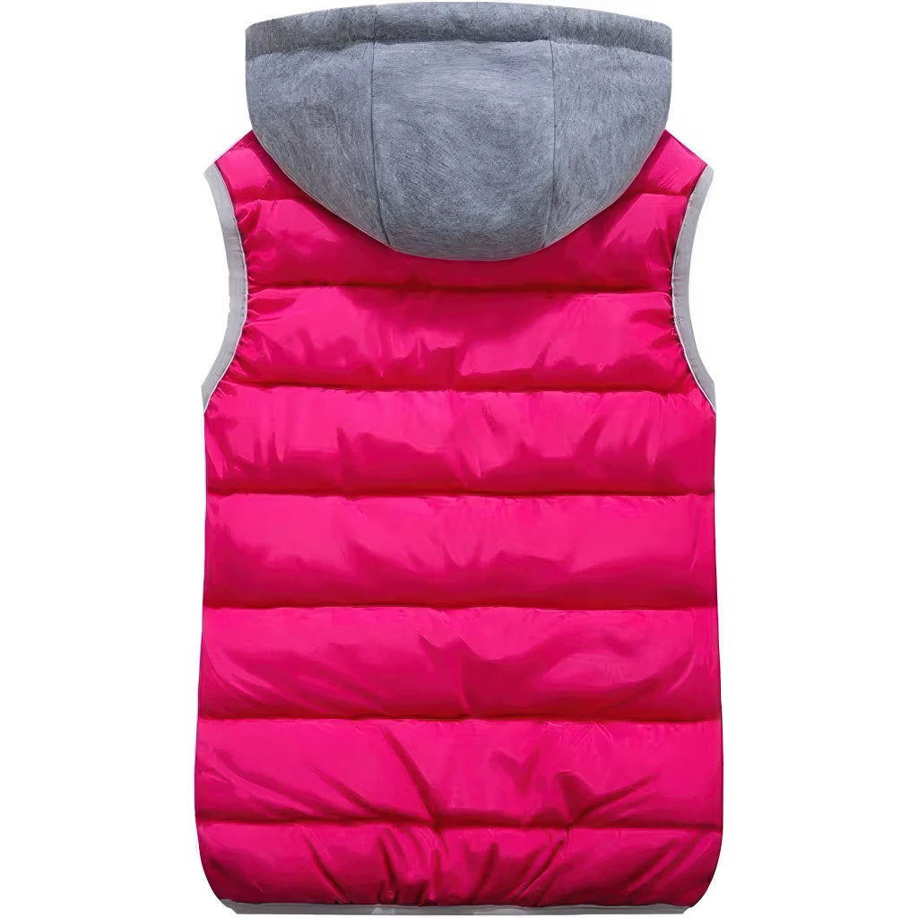 Doudoune sans manche femme ski rose fuchsia vue de dos, capuche grise et emmanchures bordées de gris