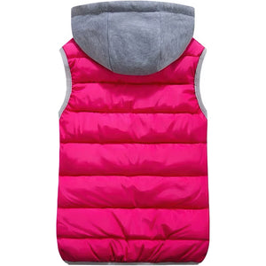 Doudoune sans manche femme ski rose fuchsia vue de dos, capuche grise et emmanchures bordées de gris