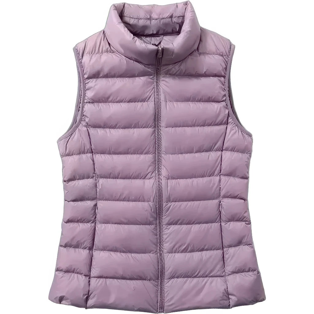 Doudoune sans manche grande taille lilas, col montant et coupe droite, vue de face