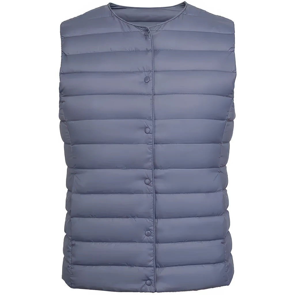 Doudoune sans manche femme violet en bleu gris, coupe droite et matelassage horizontal