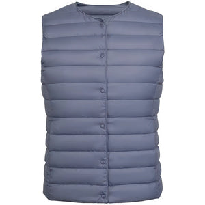 Doudoune sans manche femme violet en bleu gris, coupe droite et matelassage horizontal