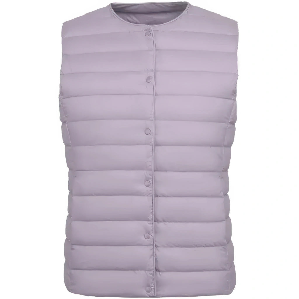 Doudoune sans manche femme violet lilas, encolure ronde et matelassage horizontal fin