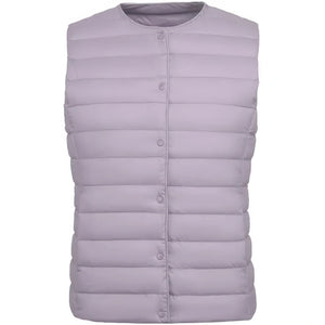 Doudoune sans manche femme violet lilas, encolure ronde et matelassage horizontal fin