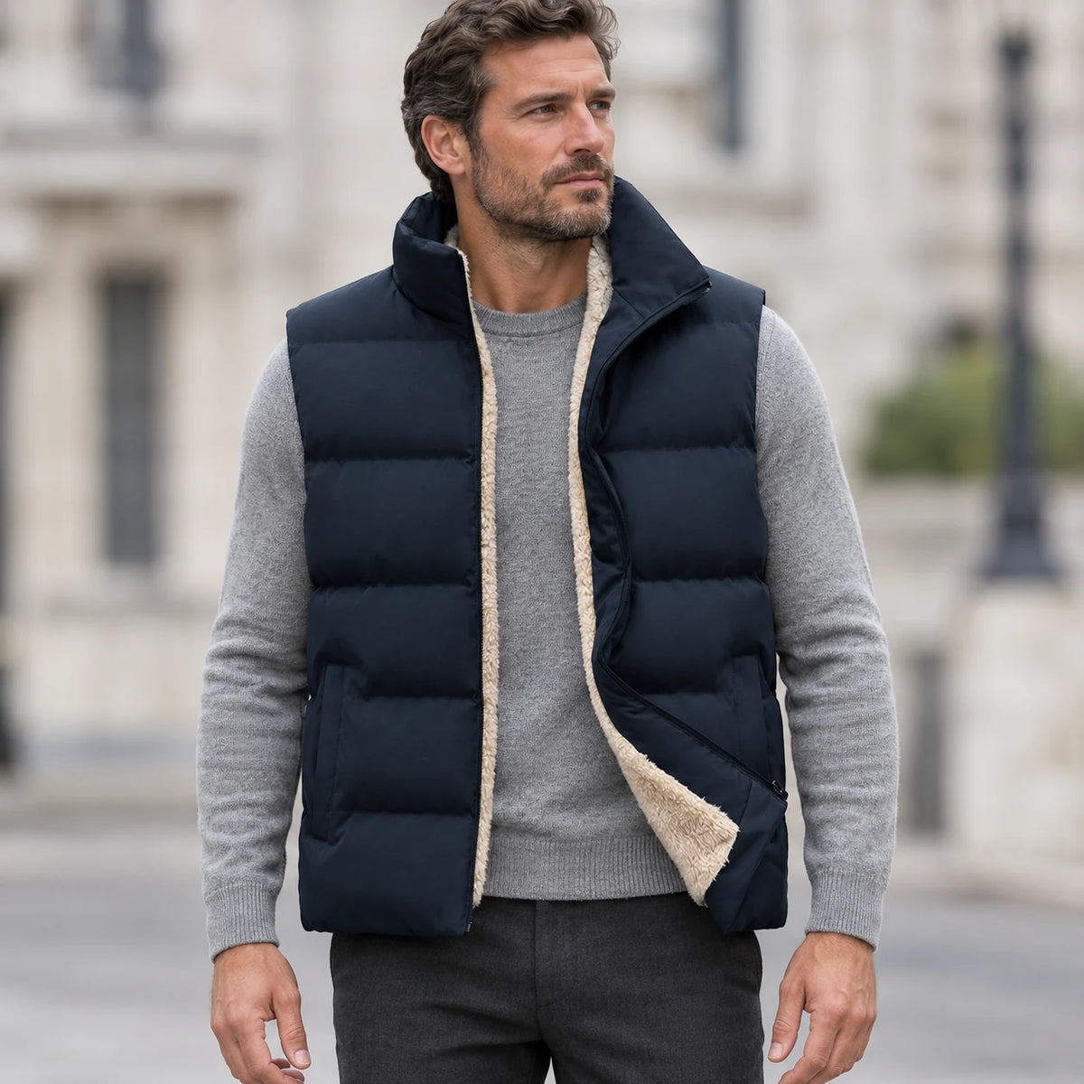 Homme portant la Doudoune sans Manche Fourrure Homme bleu marine ouverte, doublure en fausse fourrure crème visible, maille col rond grise et pantalon anthracite
