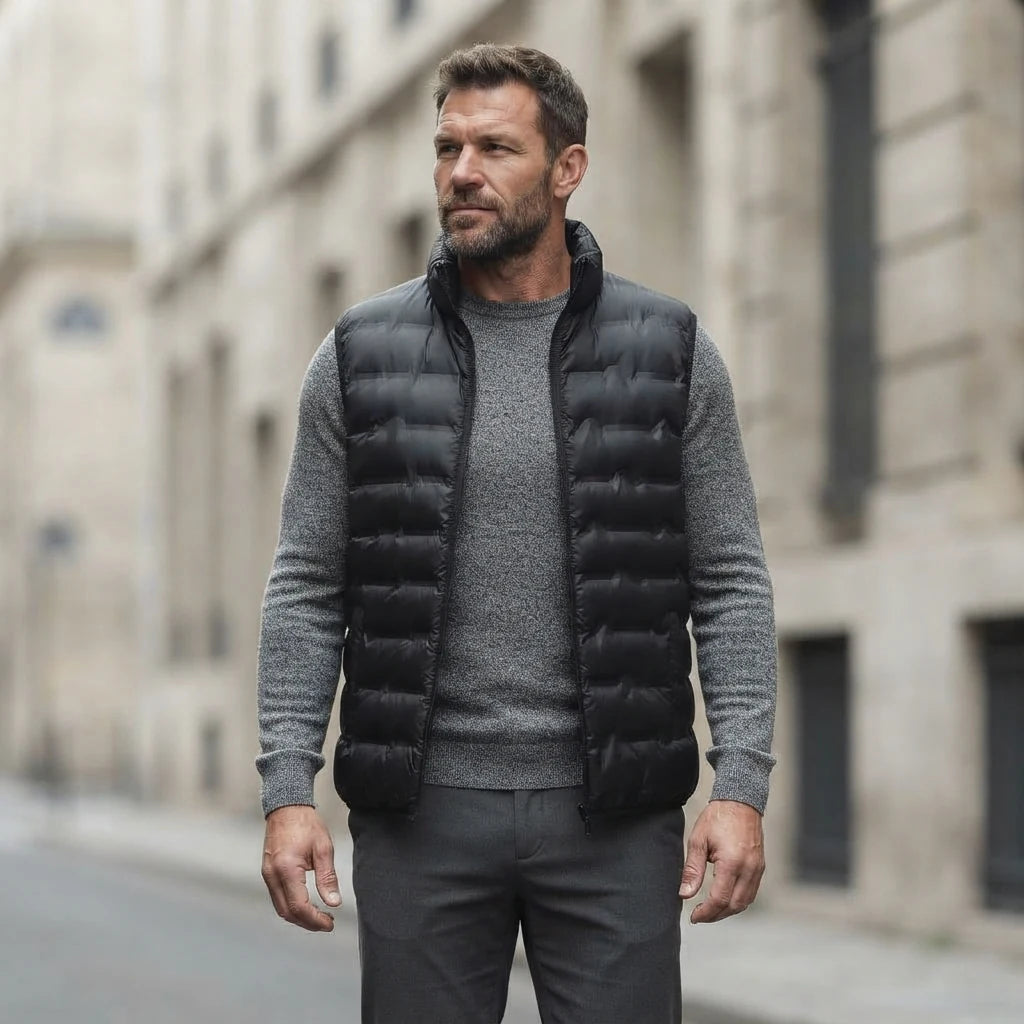 Homme portant la Doudoune sans Manche Grande Taille noire, maille col rond grise et pantalon anthracite