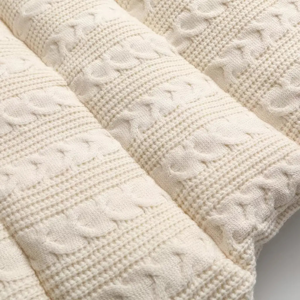 Doudoune sans manche hiver beige en gros plan, maille torsadée sur les boudins matelassés