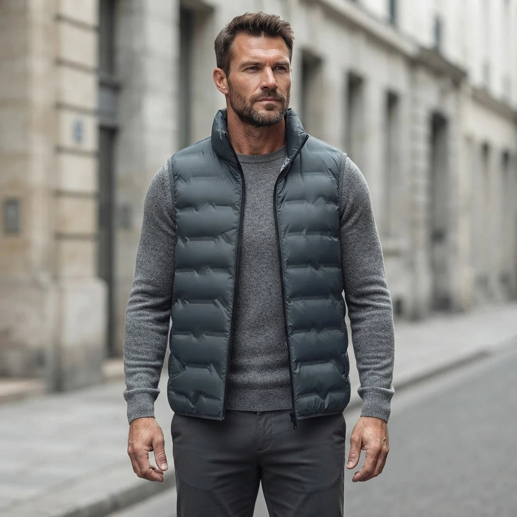 Homme portant la Doudoune sans Manche Hiver Homme bleu canard, maille col rond grise et pantalon anthracite