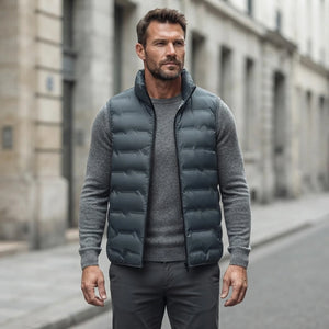 Homme portant la Doudoune sans Manche Hiver Homme bleu canard, maille col rond grise et pantalon anthracite