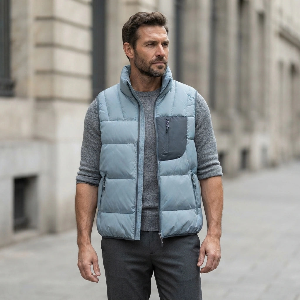 Doudoune sans manche homme avec poches portee, bleu, sur maille grise