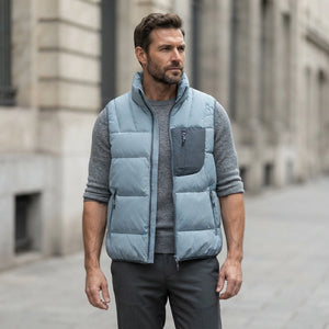 Doudoune sans manche homme avec poches portee, bleu, sur maille grise