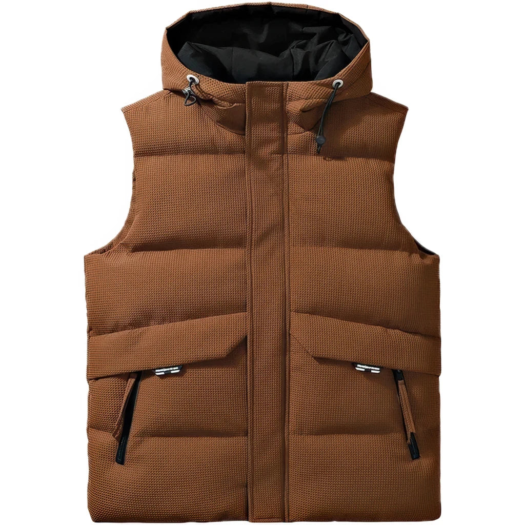 Doudoune sans manche homme camel coloris marron, capuche en place, vue de face