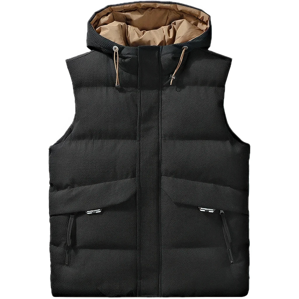 Doudoune sans manche homme camel coloris noir, capuche en place, vue de face