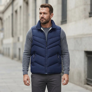Doudoune sans manche homme habille portee, bleu marine, sur maille grise