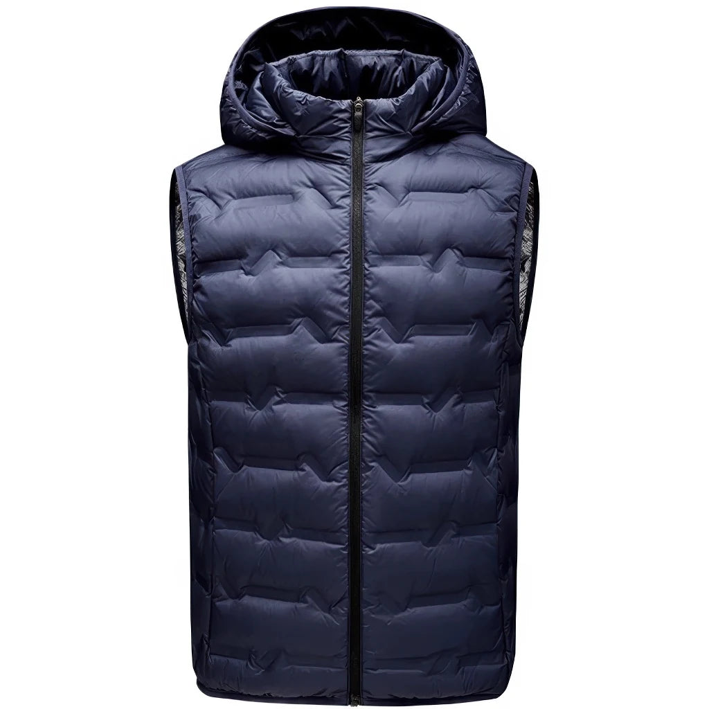 Doudoune sans Manche Homme Haut de Gamme, coloris bleu marine, vue de face avec capuche sur fond blanc