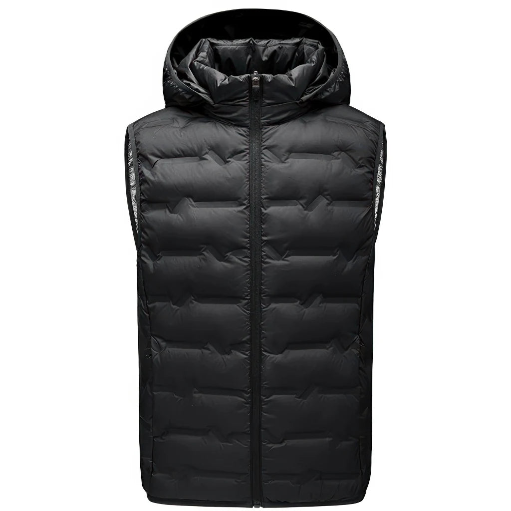 Doudoune sans Manche Homme Haut de Gamme, coloris noir, vue de face avec capuche sur fond blanc