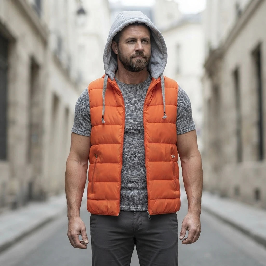 Doudoune sans manche homme orange portee, avec capuche en molleton gris