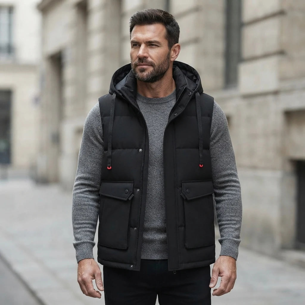 Homme portant la Doudoune sans Manche Homme XXXL noir, maille col rond grise et pantalon anthracite