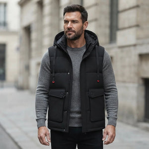 Homme portant la Doudoune sans Manche Homme XXXL noir, maille col rond grise et pantalon anthracite