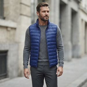 Homme portant la Doudoune sans Manche Légère Homme bleu roi, maille col rond grise et pantalon anthracite