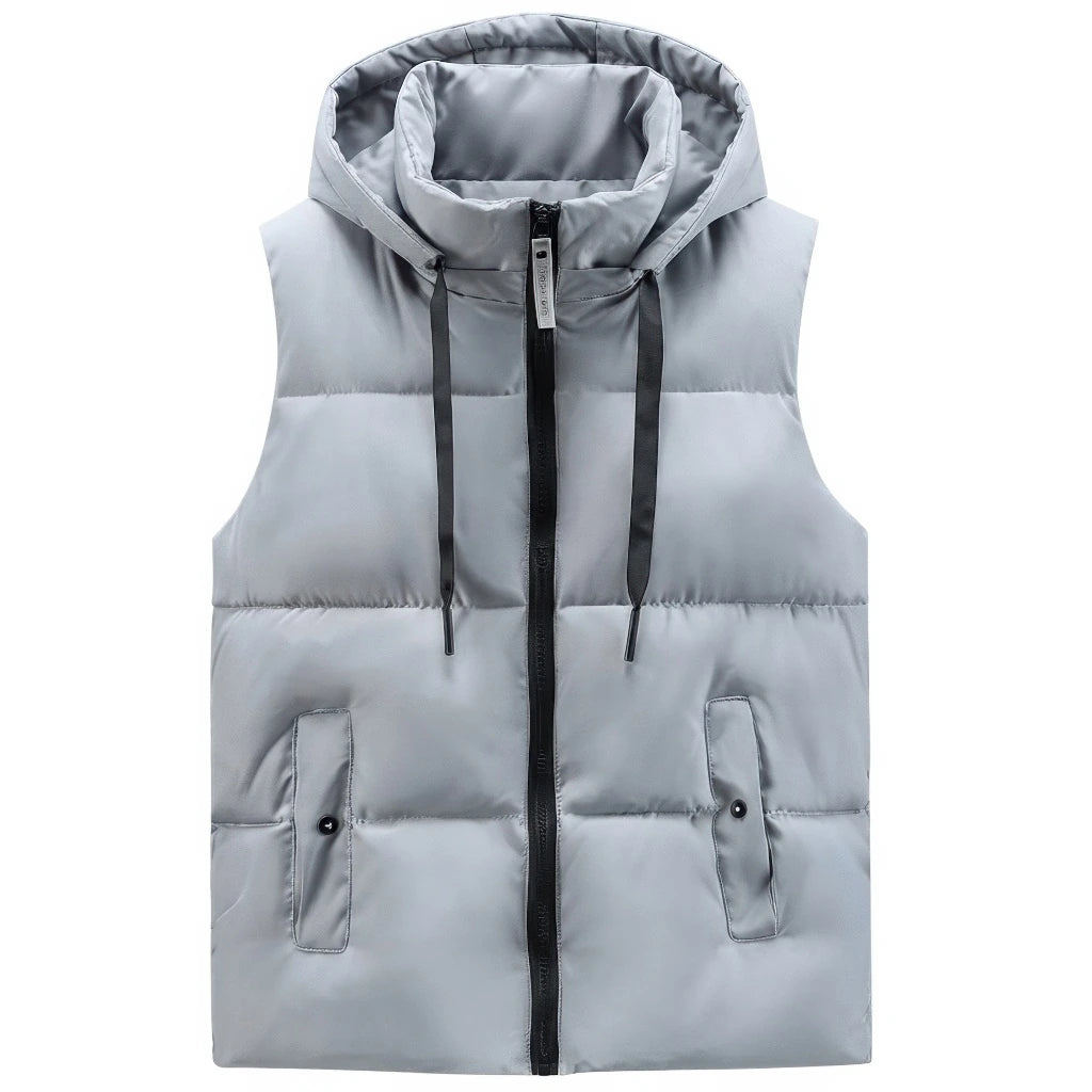 Doudoune sans Manche Noir Brillant Homme, coloris gris mat, vue de face avec capuche sur fond blanc