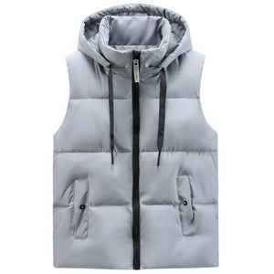 Doudoune sans Manche Noir Brillant Homme, coloris gris mat, vue de face avec capuche sur fond blanc