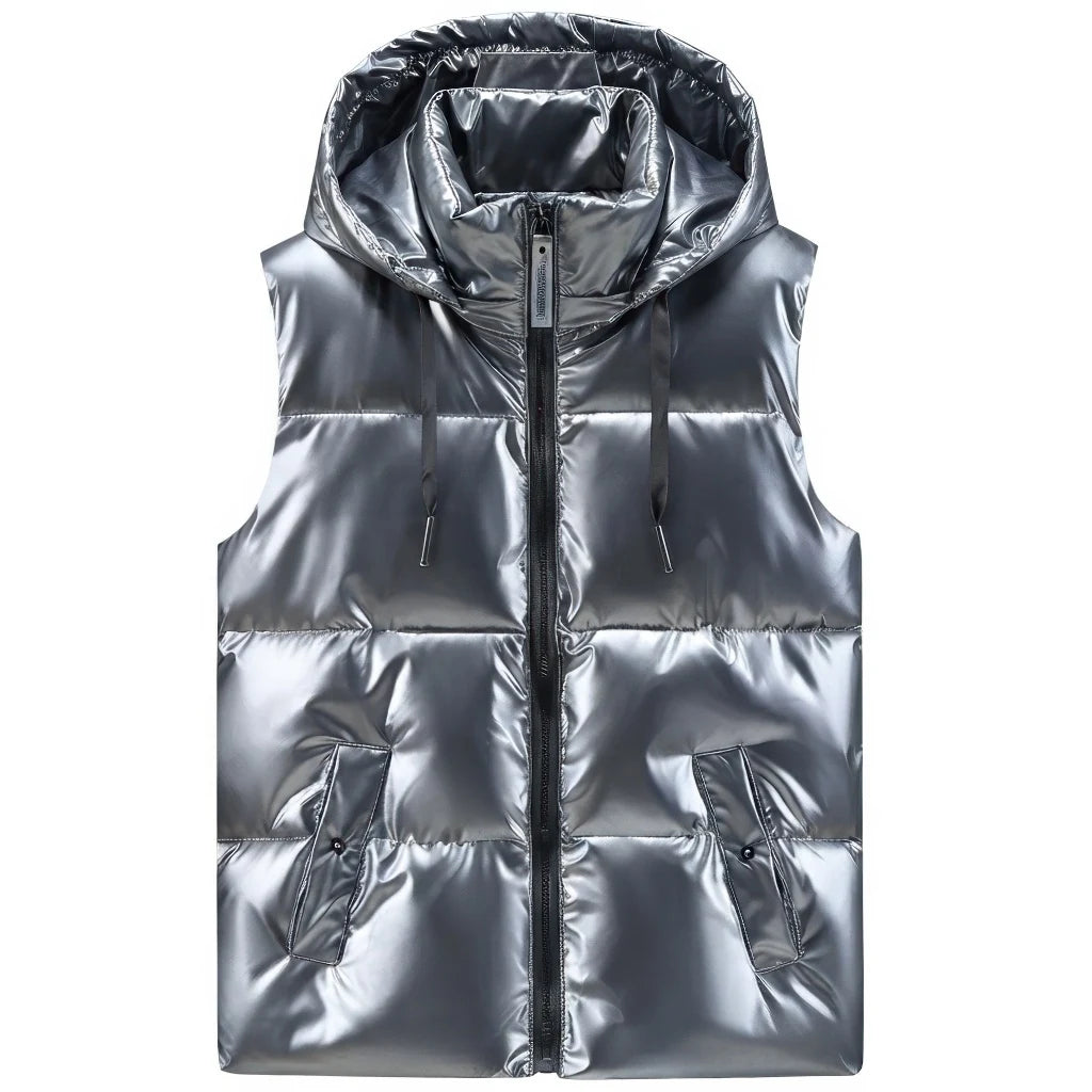 Doudoune sans Manche Noir Brillant Homme, coloris gris brillant, vue de face avec capuche sur fond blanc