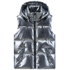 Doudoune sans Manche Noir Brillant Homme, coloris gris brillant, vue de face avec capuche sur fond blanc