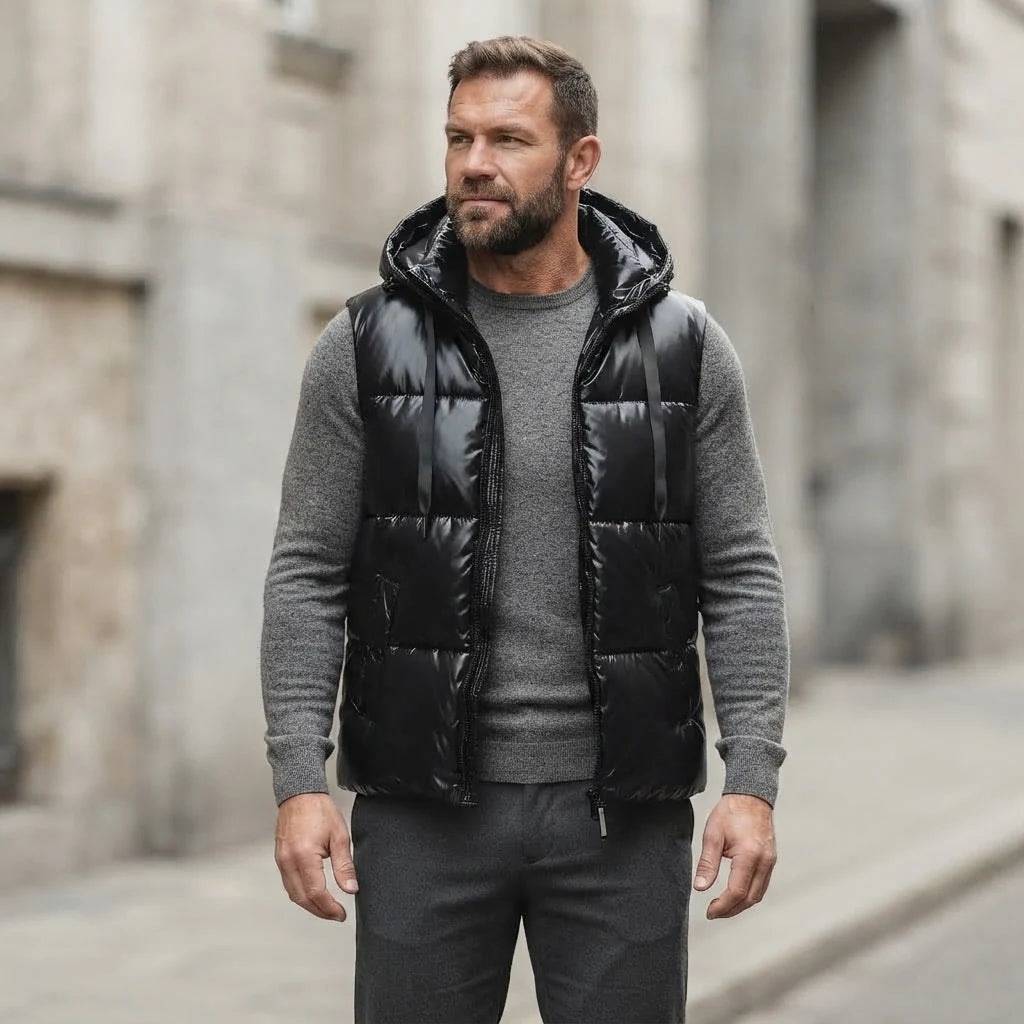 Homme portant la Doudoune sans Manche noir brillant, maille col rond grise et pantalon anthracite