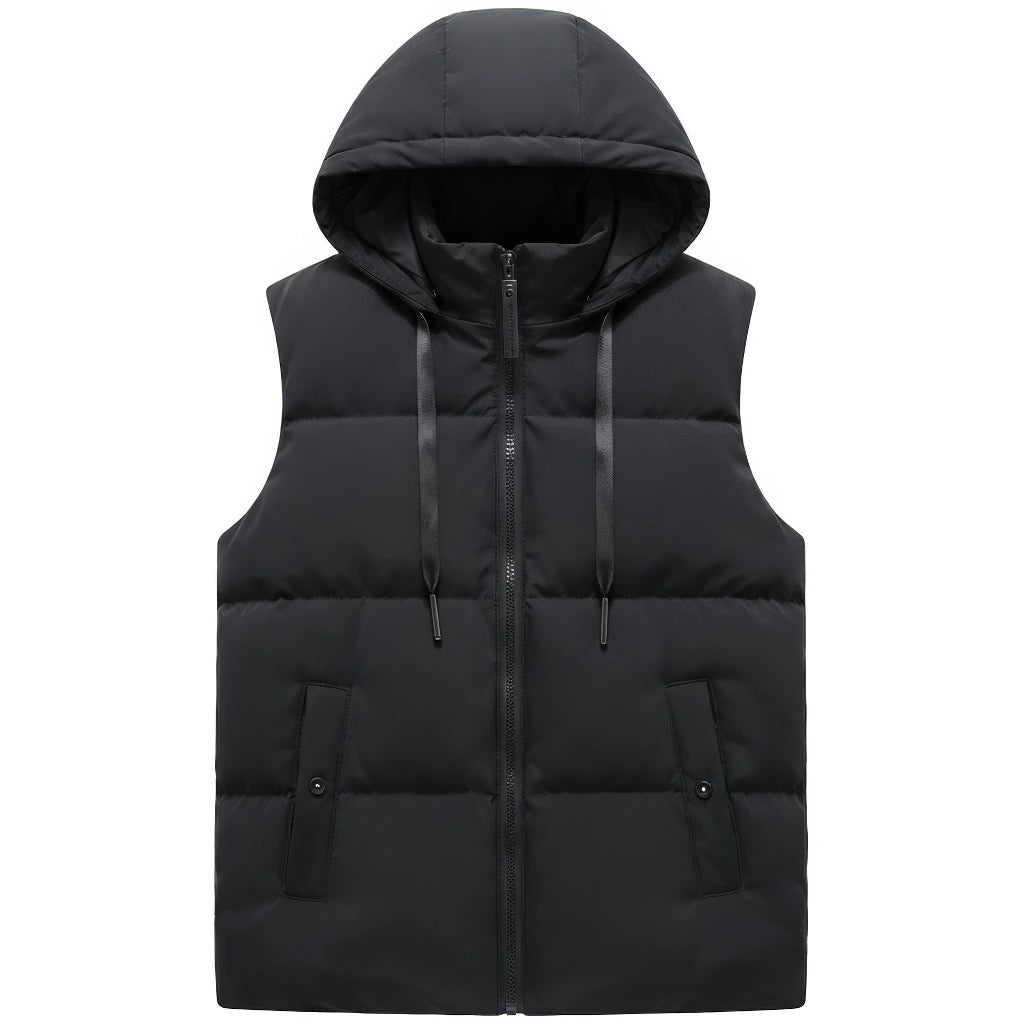 Doudoune sans Manche Noir Brillant Homme, coloris noir mat, vue capuche relevée