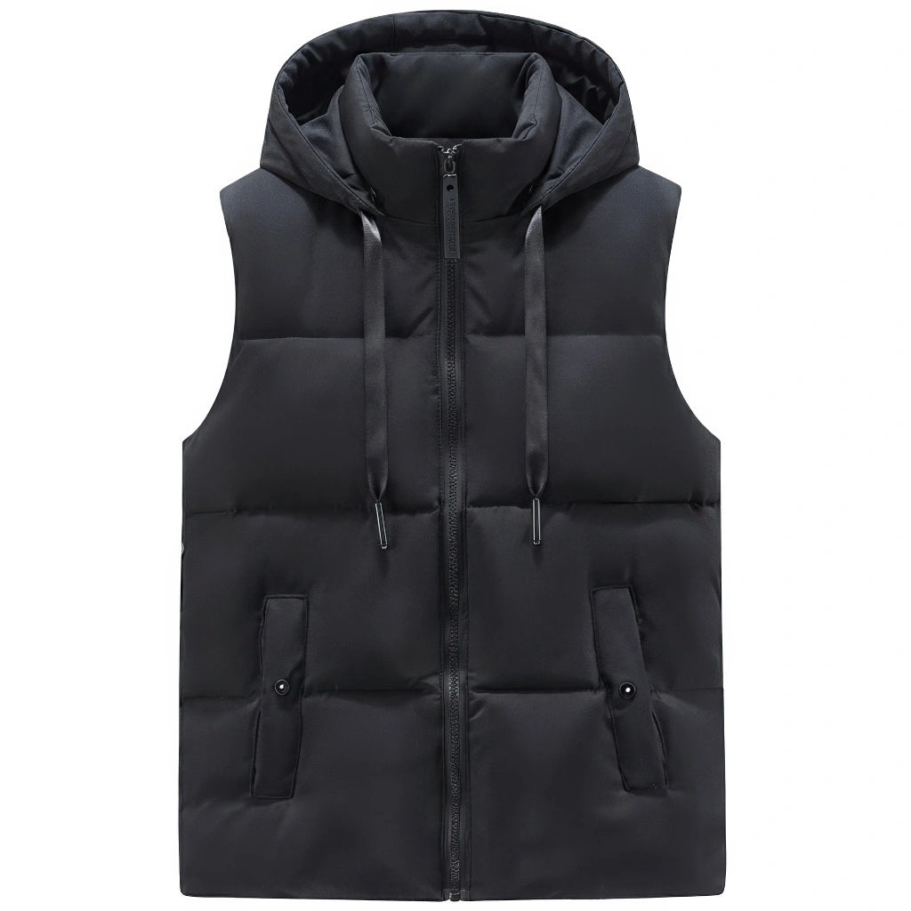 Doudoune sans Manche Noir Brillant Homme, coloris noir mat, vue de face avec capuche sur fond blanc