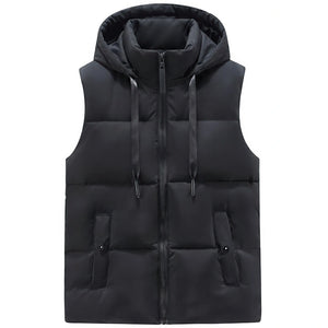 Doudoune sans Manche Noir Brillant Homme, coloris noir mat, vue de face avec capuche sur fond blanc