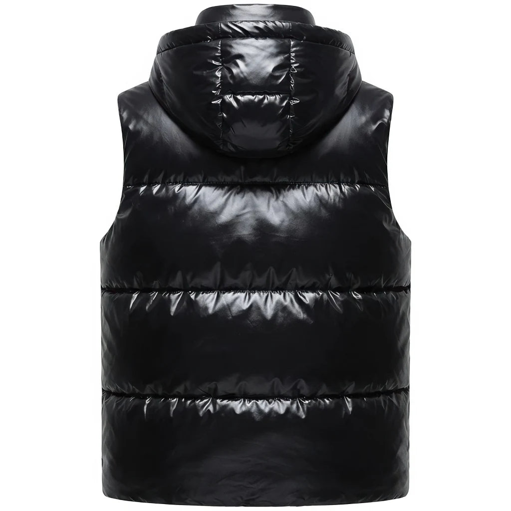 Doudoune sans Manche Noir Brillant Homme, coloris noir brillant, vue de dos avec capuche