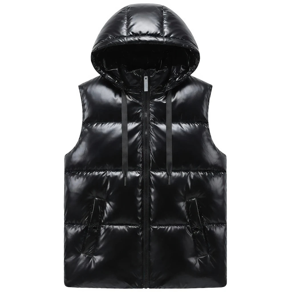 Doudoune sans Manche Noir Brillant Homme, coloris noir brillant, vue de face avec capuche sur fond blanc