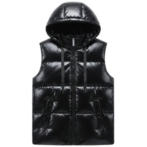 Doudoune sans Manche Noir Brillant Homme, coloris noir brillant, vue de face avec capuche sur fond blanc