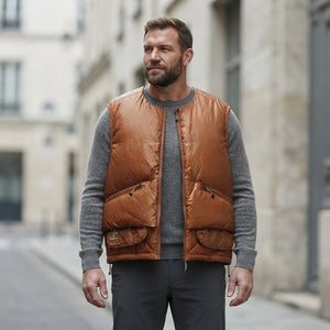Homme portant la Doudoune sans Manche Oversize Homme orange, maille col rond grise et pantalon anthracite