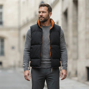 Doudoune sans manche reversible homme portee, noir, sur maille grise