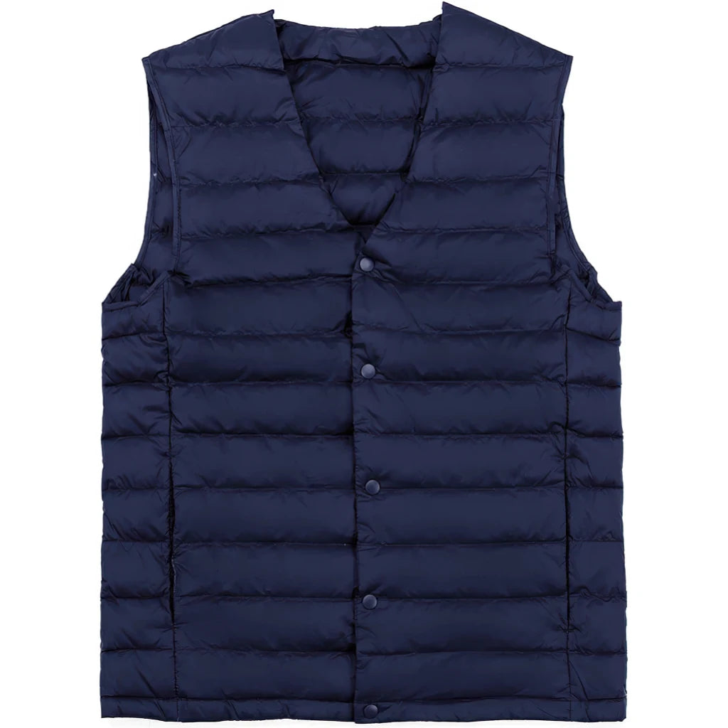Doudoune sans manche sans col homme, bleu marine, encolure en V a pressions