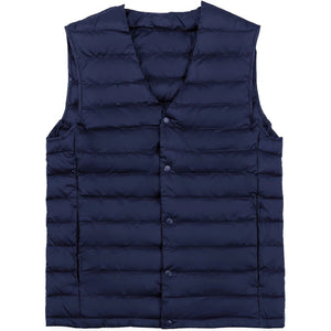 Doudoune sans manche sans col homme, bleu marine, encolure en V a pressions