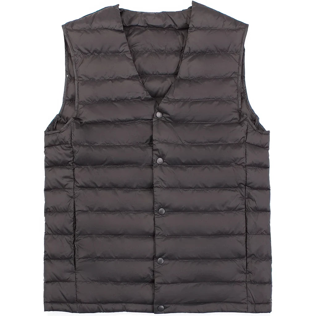 Doudoune sans manche sans col homme, gris, encolure en V a pressions